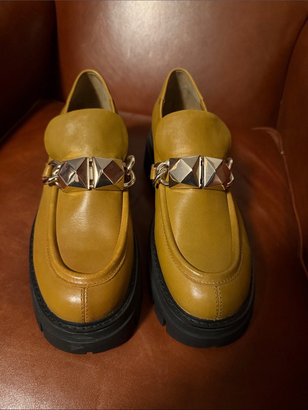 Ash Mustard Yellow Chunky Loafers with Geometric Chain